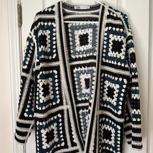 ZARA Black, White & Teal Crochet Open Cardigan